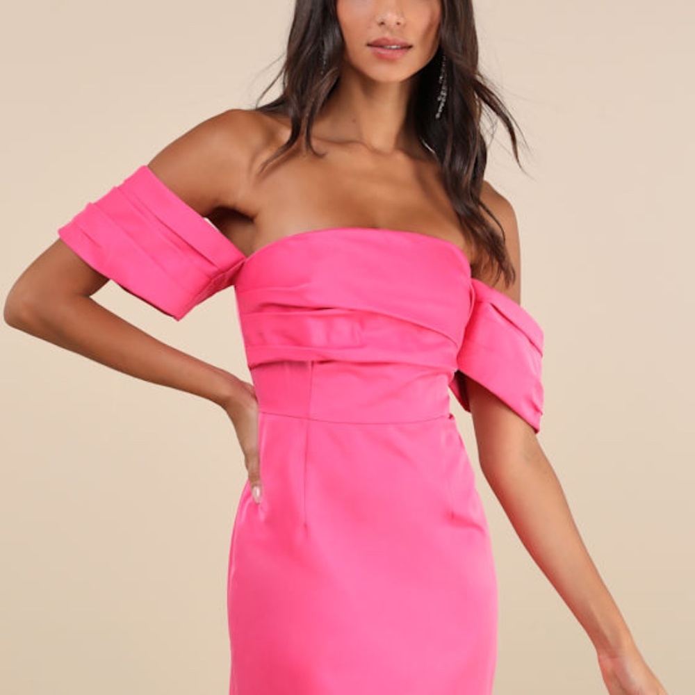 Lulus Totally Haute Hot Pink Satin Pleated Off-the-shoulder Mini Dress - Size S